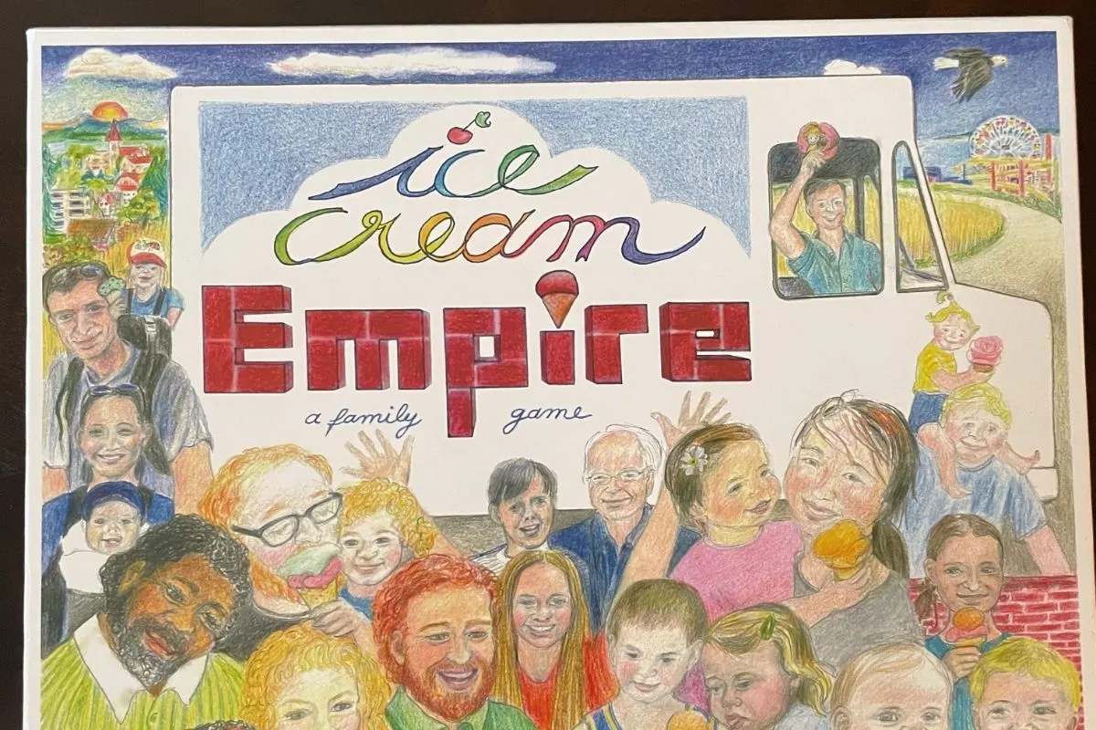 hand draw adults on ice cream empire cover with ice truck