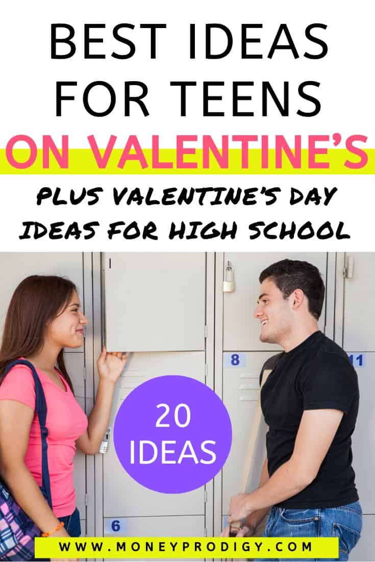 teen girl and boyfriend at locker in high school, text overlay "best ideas for teens on Valentine's Day"