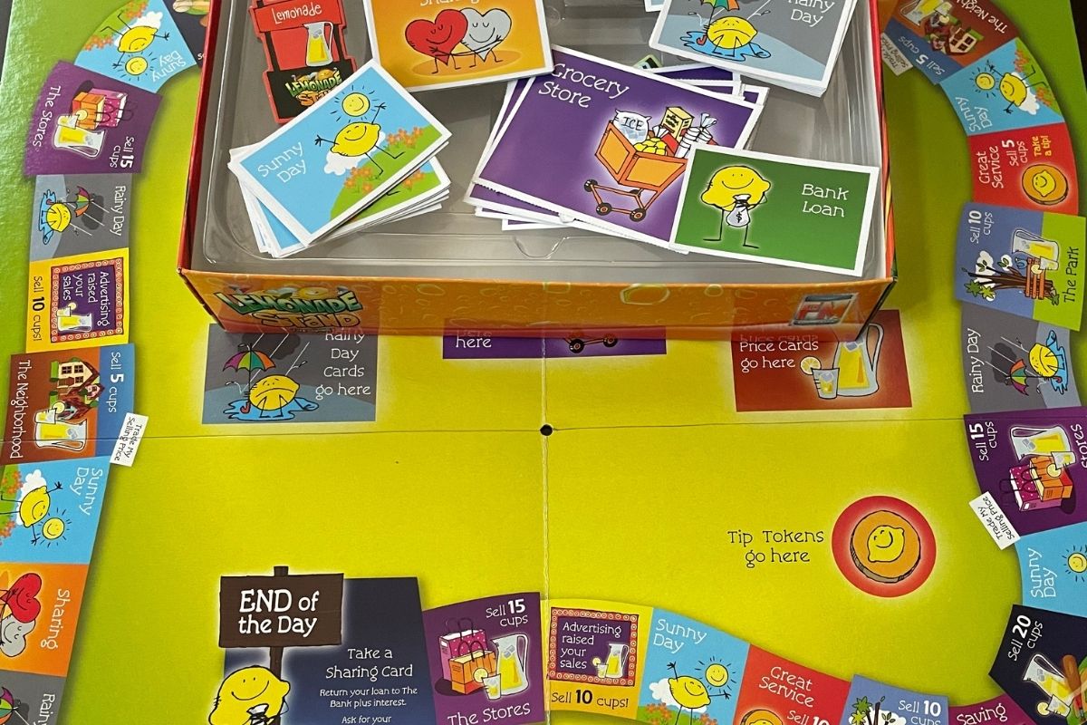 inside of lemonade stand board game with funky green board and colorful spaces