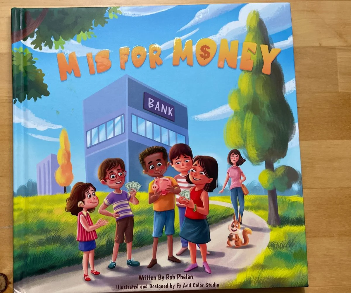 brightly colored cover with group of cartoon kids in front of bank building