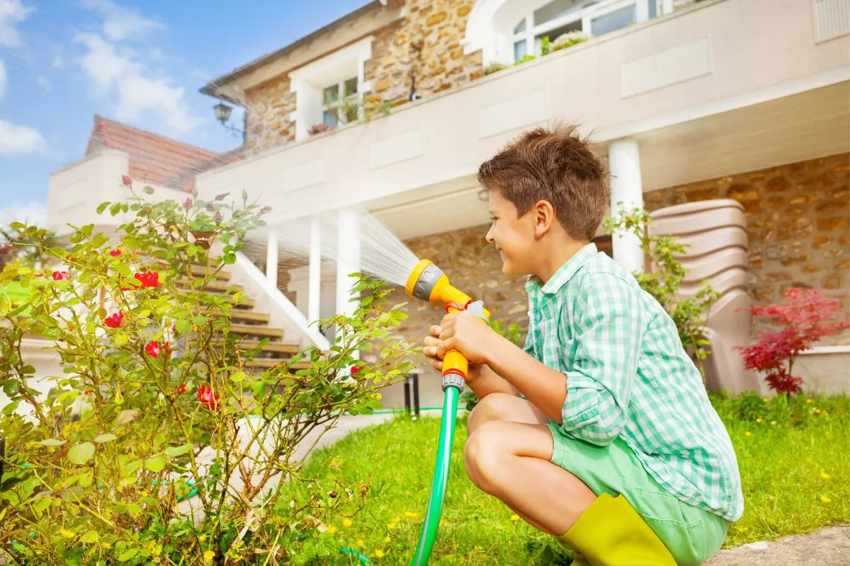 10 year old boy in summer clothes with water hose watering neighbor's plants outside