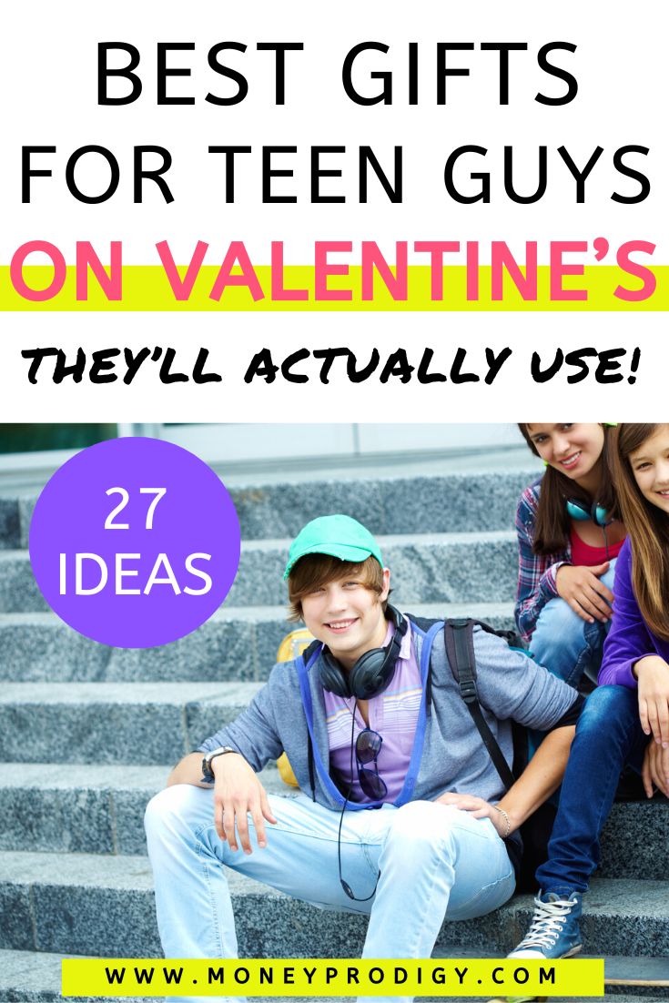 teen boy on stone steps with two teen girls, text overlay "best gifts for teen guys on Valentine's Day"