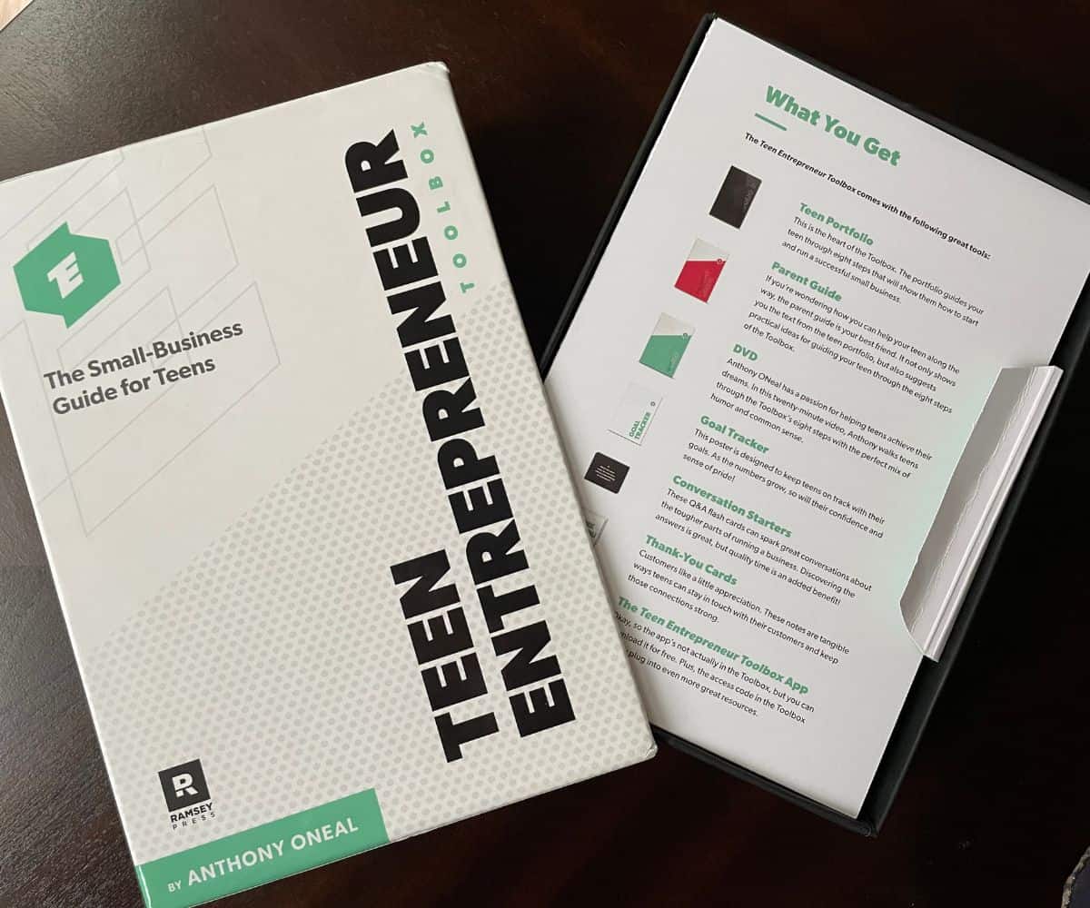 opened box of Teen Entrepreneur toolbox on dark table