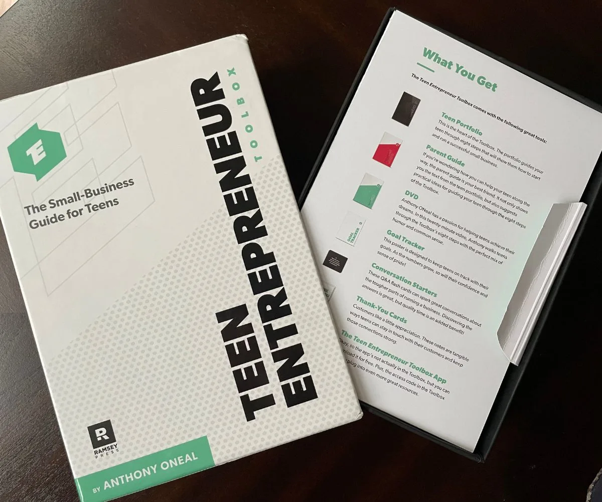 opened box of Teen Entrepreneur toolbox on dark table