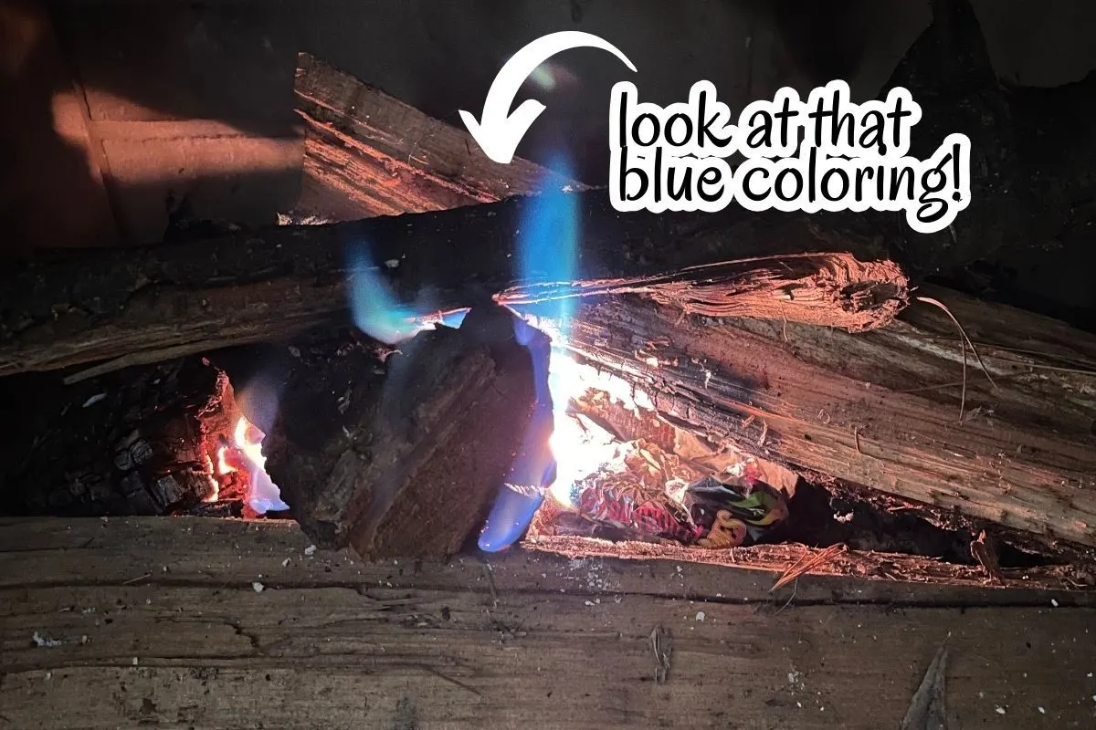 fire in fireplace with blue coloring