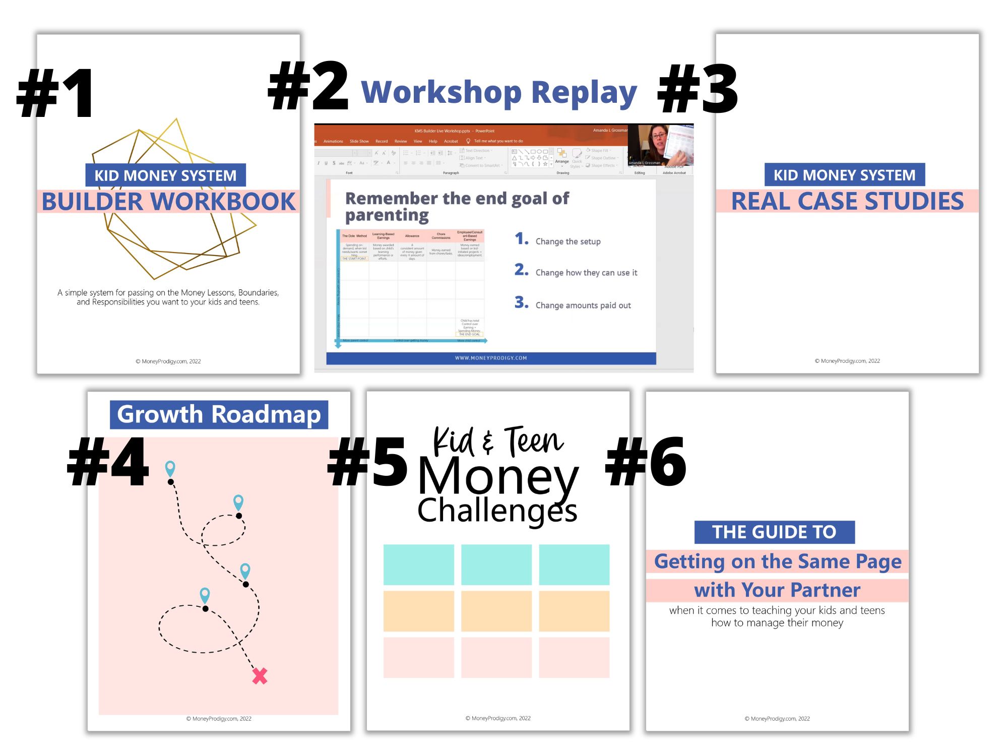 White, navy blue, and light pale worksheets in the Kid Money System Builder