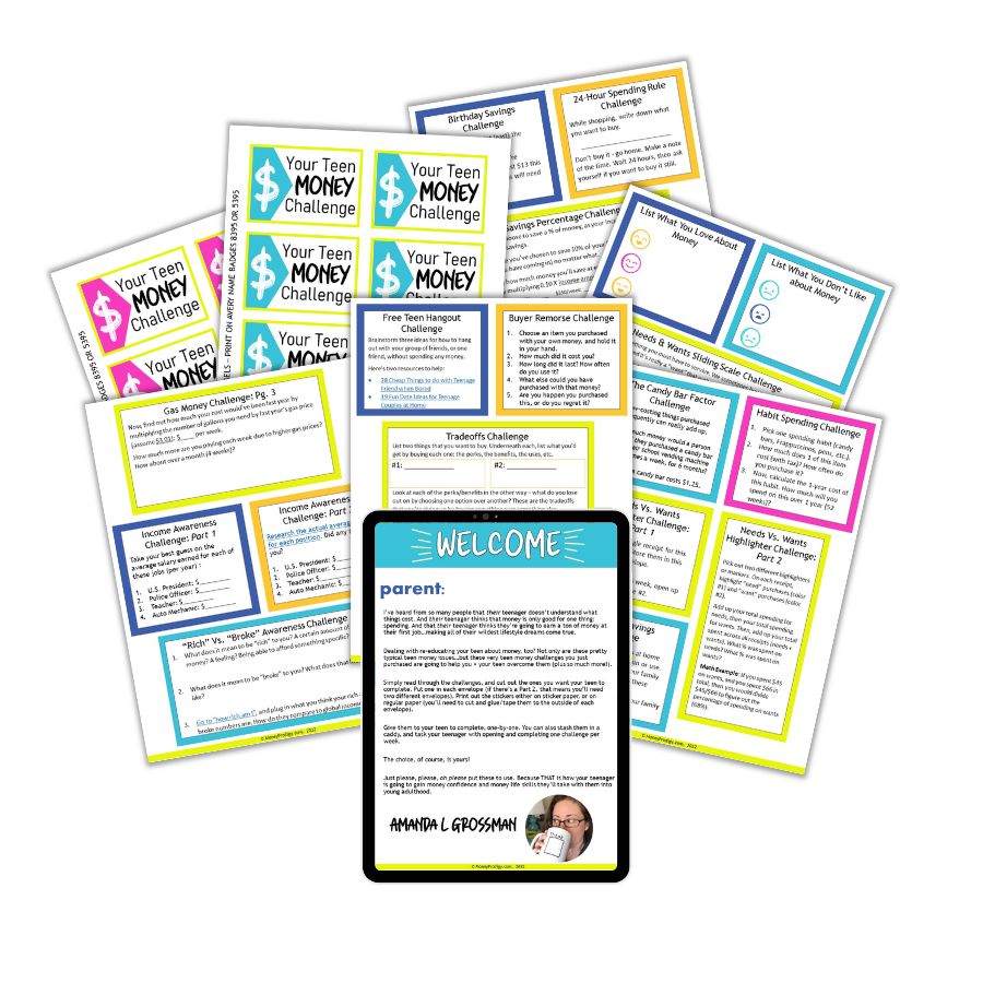 neon green, teal, orange and white Teen Money Challenge PDFs and iPad showing Welcome document