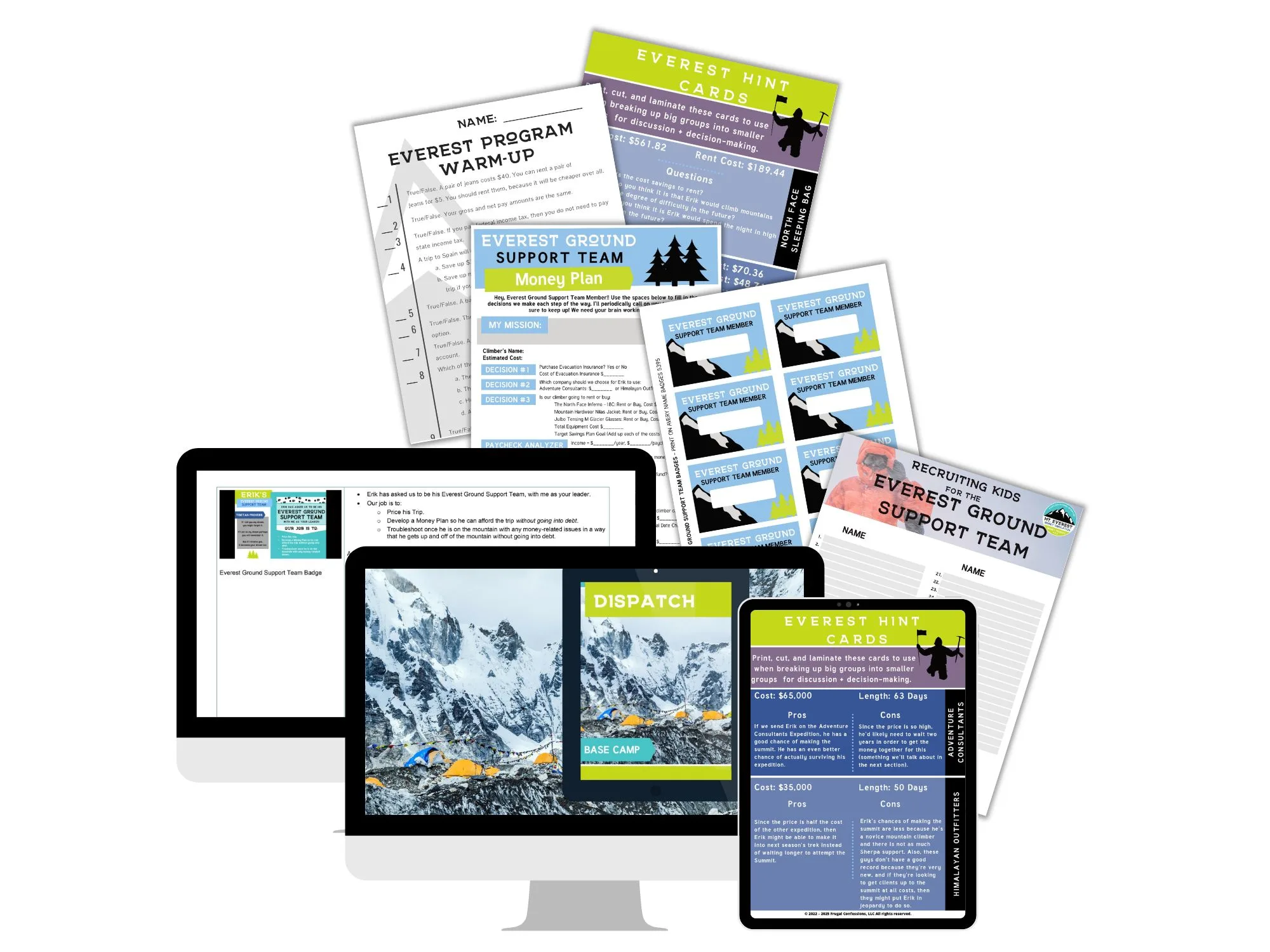 computer screen with Everest base camp on it, ops manual, and other worksheets