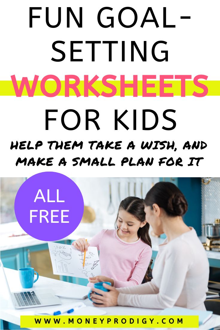 young girl pointing at goal setting worksheet work to mother, text overlay "fun goal-setting worksheets for kids all free"