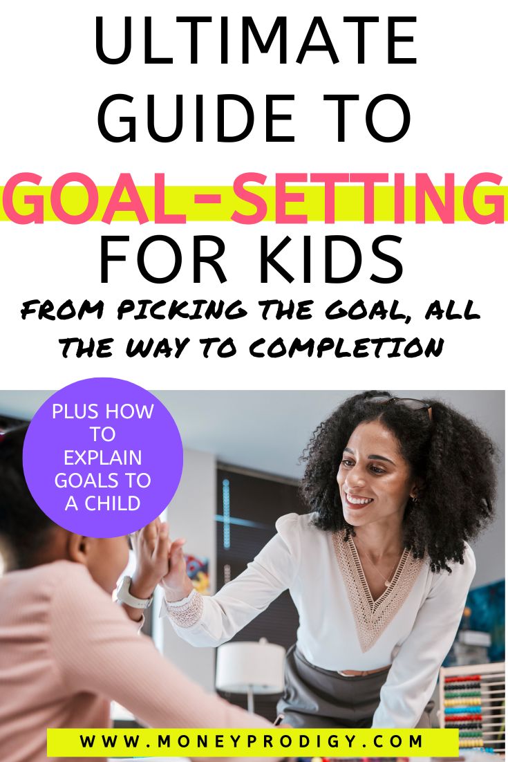 woman teacher giving high five to child at school, text overlay "ultimate guide to goal-setting for kids"