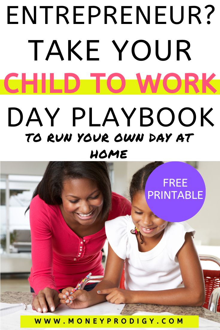 entrepreneur mother working with child at home, text overlay "Entrepreneur? Take your child to work day playbook"