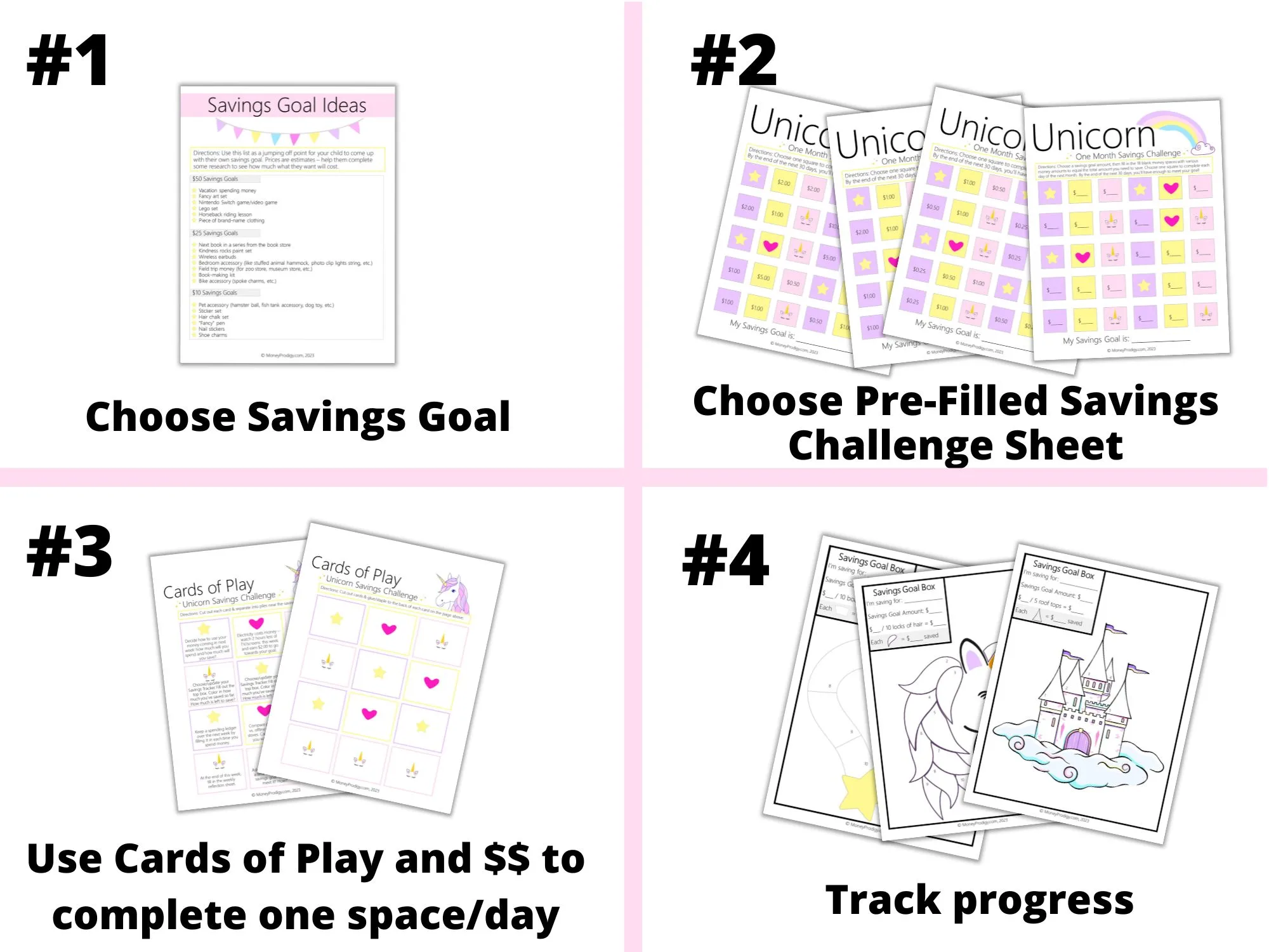 light pink, purple, white, pale yellow PDF pages with steps of product laid out