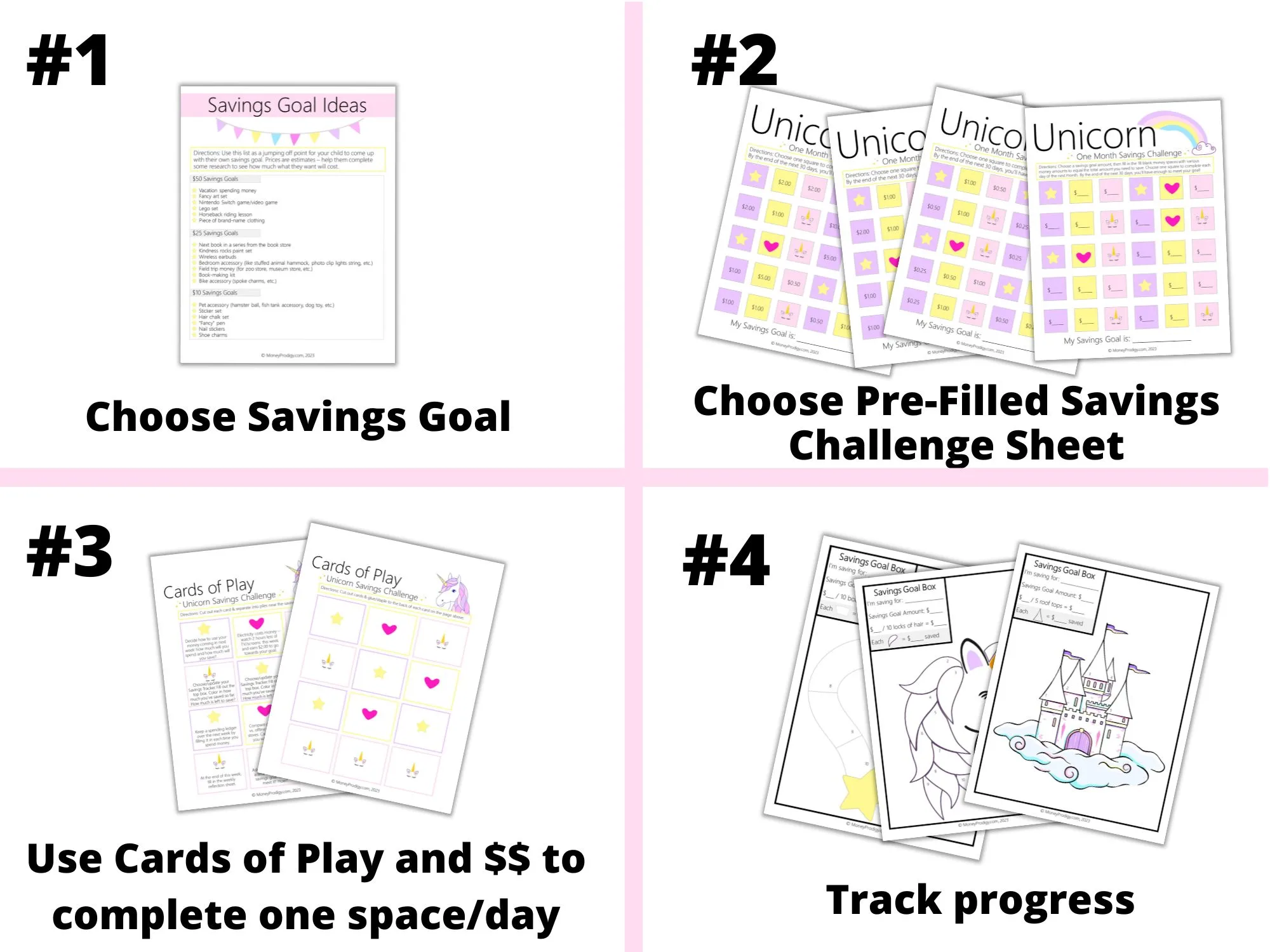 light pink, light purple, yellow, and white Unicorn Savings Challenge printables