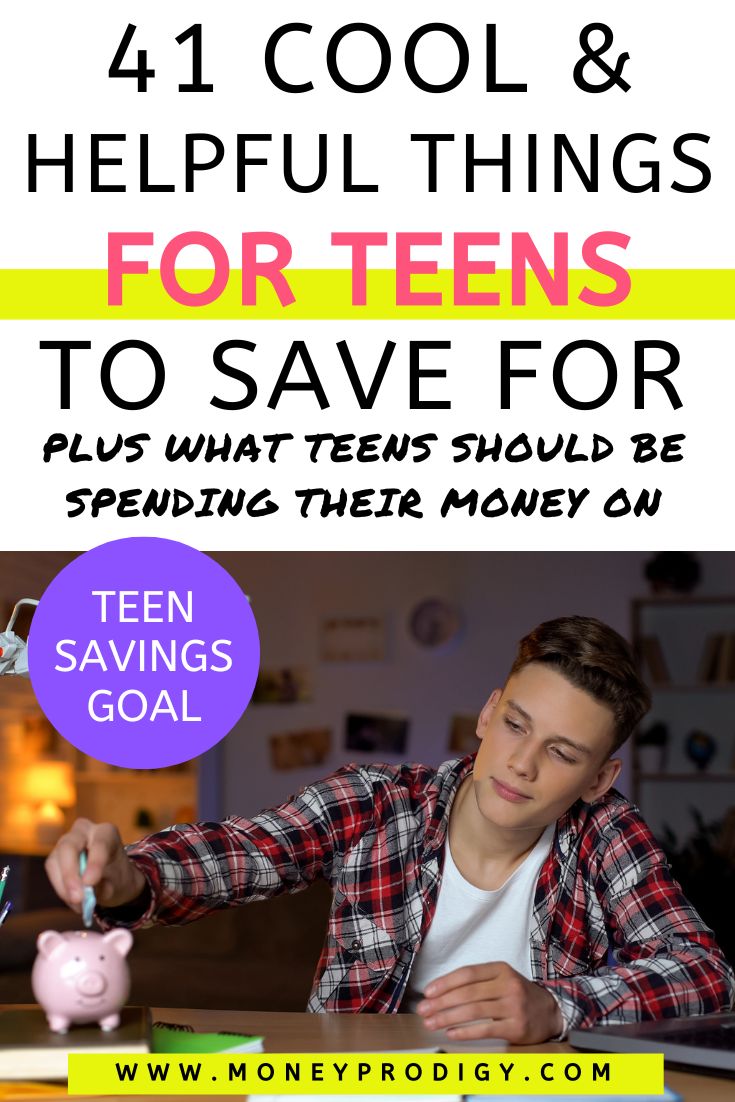teen boy putting money into piggy bank, text overlay "41 cool & helpful things for teens to save for"