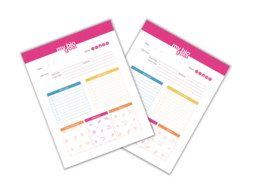 bring yellow, blue, and pink highlighted worksheets in a free teen goal setting PDF pack 