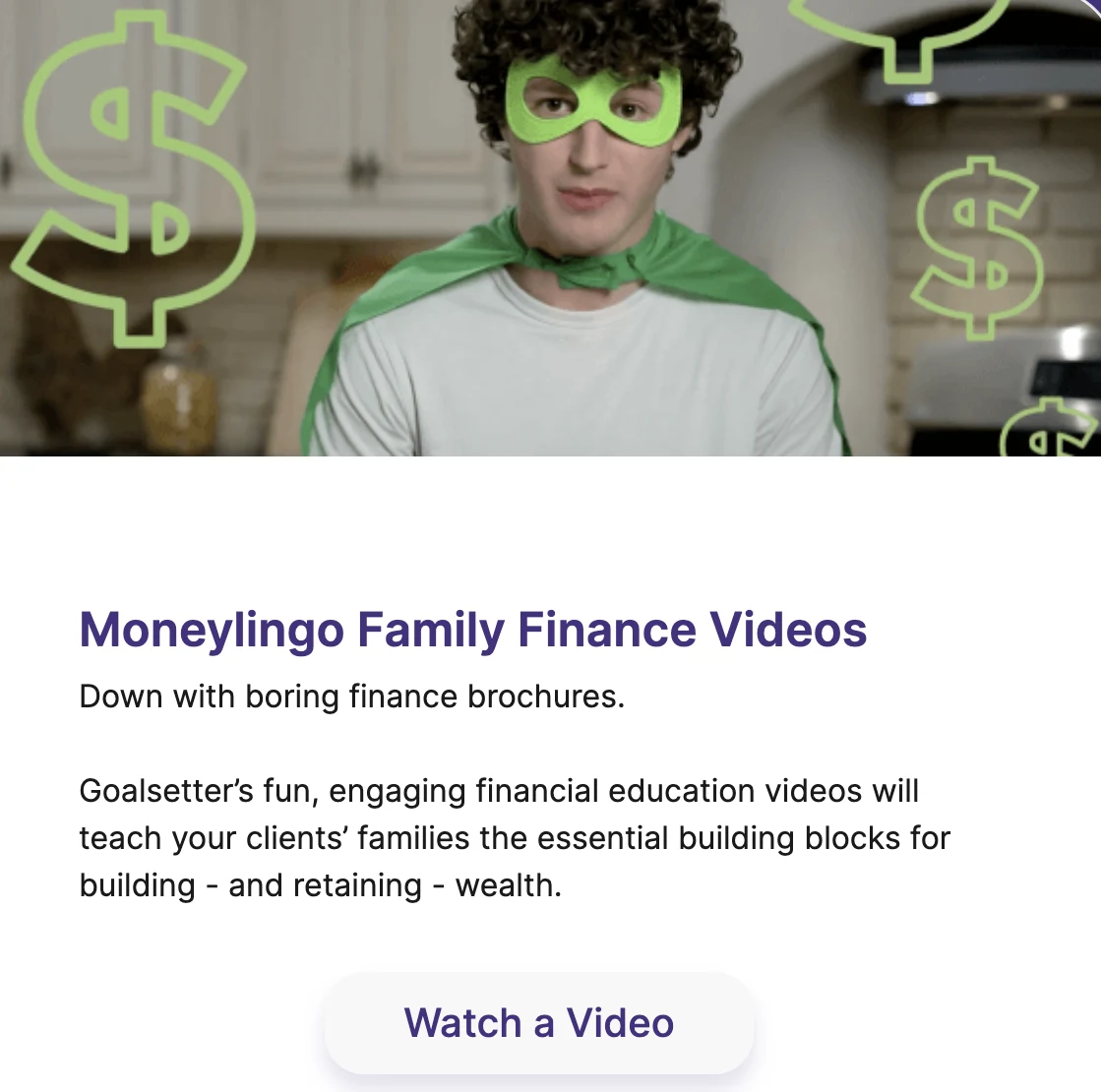 man in green cape and green eye mask on Moneylingo finance video