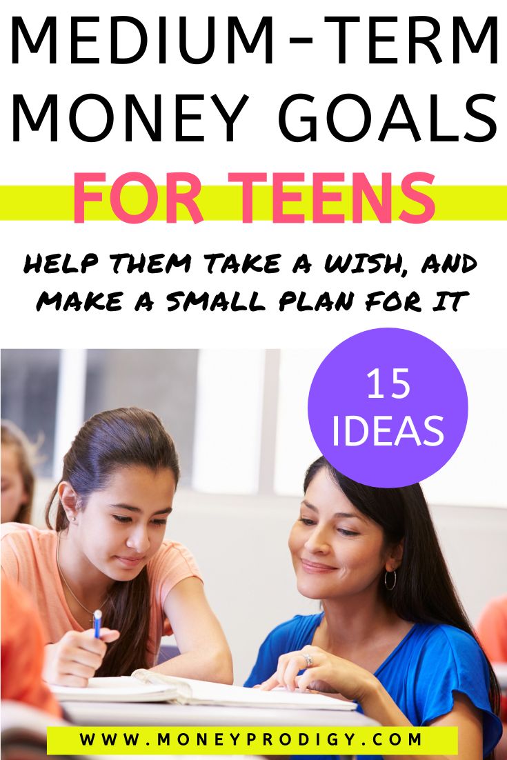 teacher helping teen student with goal, text overlay, "Medium-term money goals for teens"