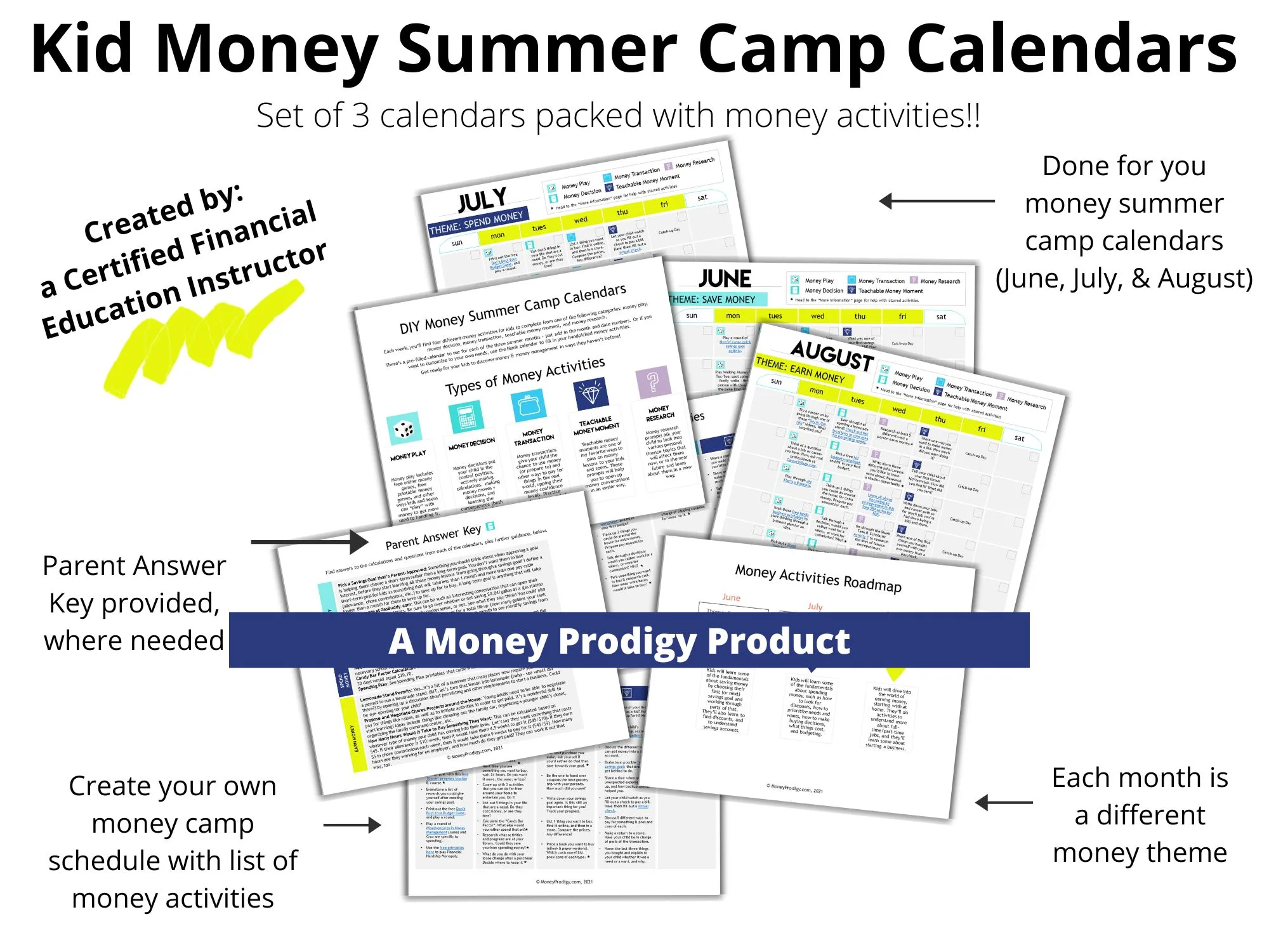 white, with light blue and neon green headings Kid Money Summer Camp Calendars