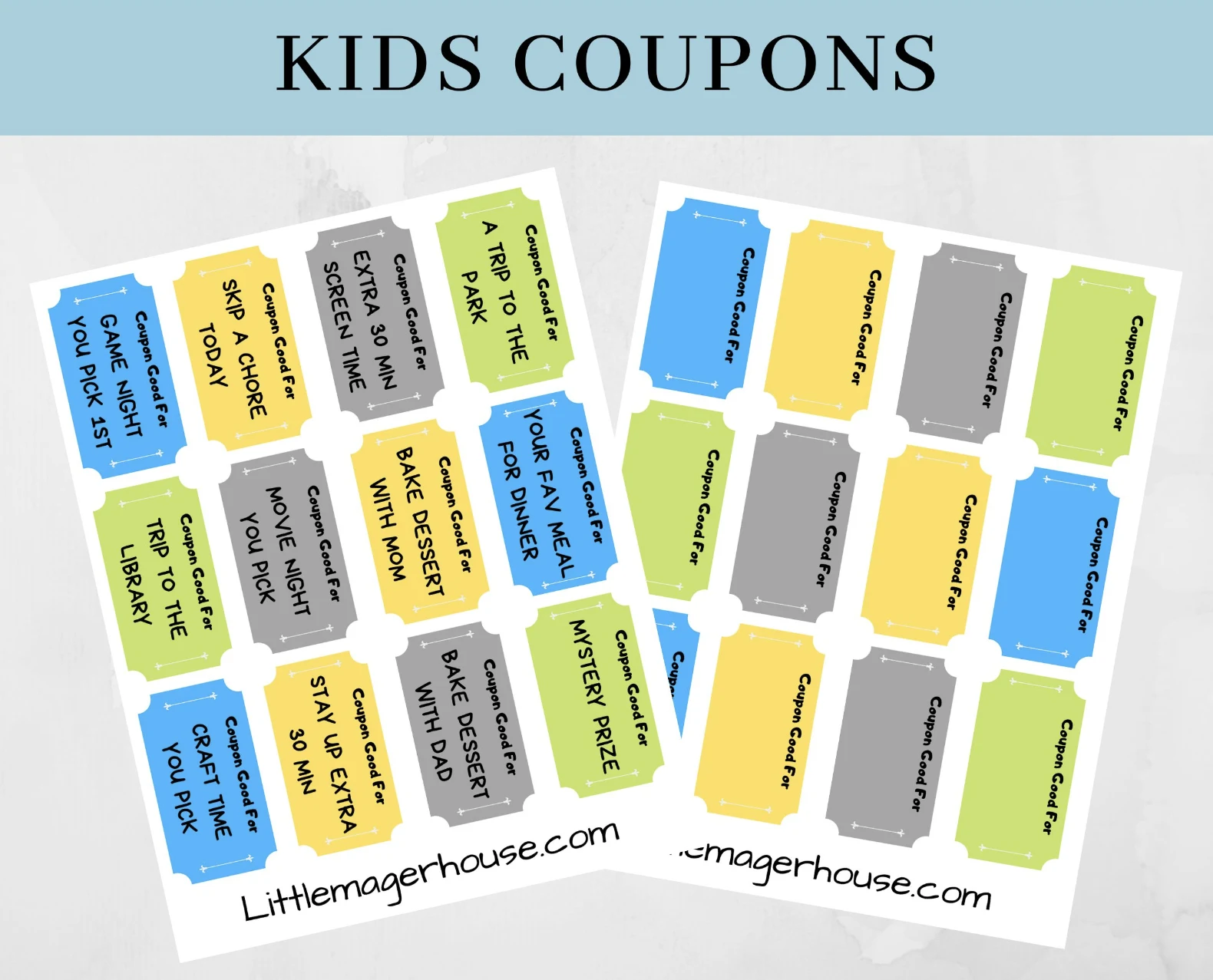 blue, yellow, gray, and green reward coupons for kids that you can fill in for anything