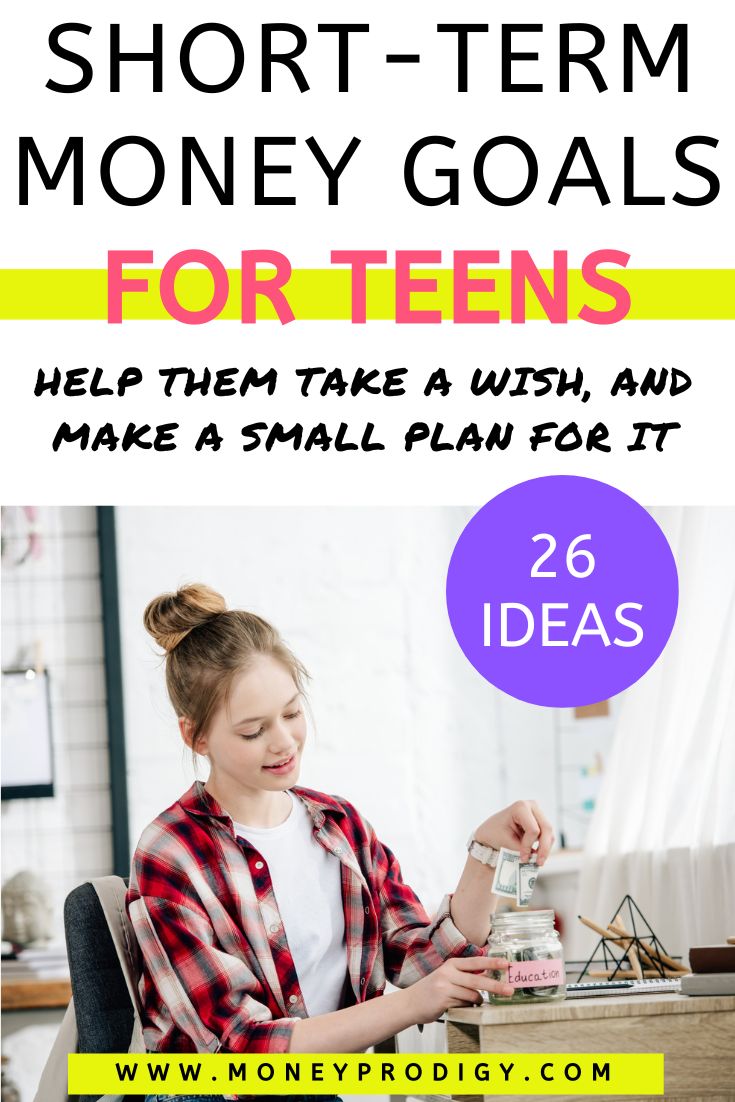 teen girl in plaid putting money into jar, text overlay "short-term money goals for teens"