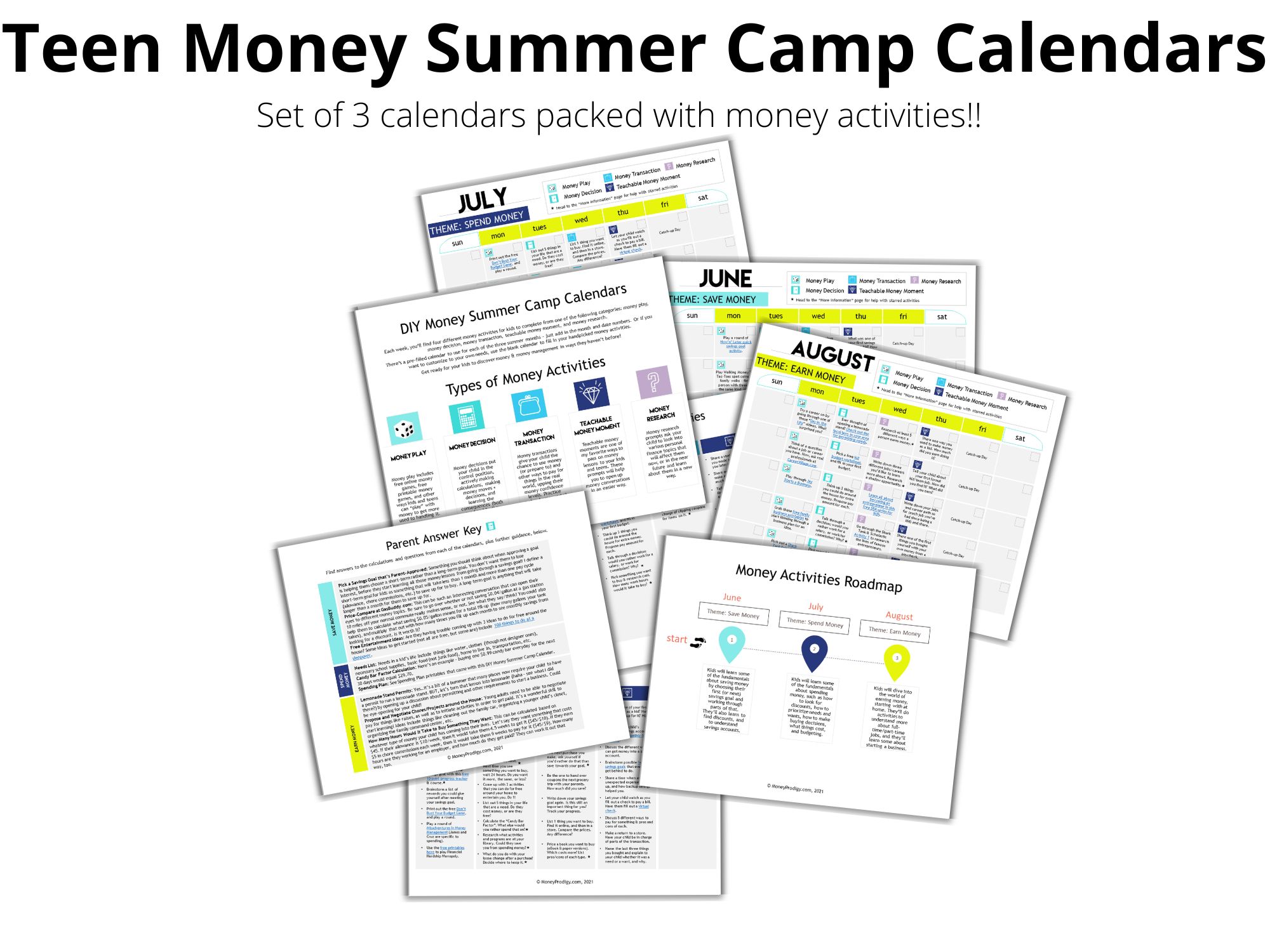 white, with light blue and neon green headings Teen Money Summer Camp Calendars