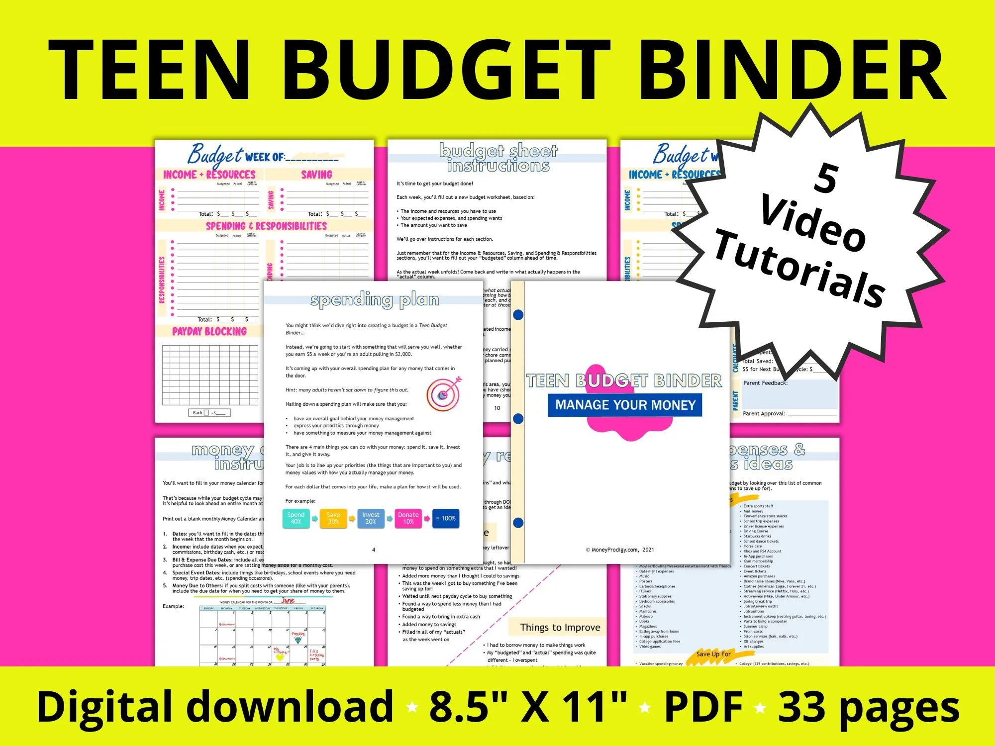 hot pink and neon green background with Teen Budget Binder pages printed out around it