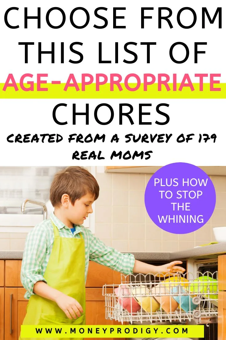 boy unloading dishwasher, text overlay "choose from this list of age-appropriate chores created from survey of 179 moms"
