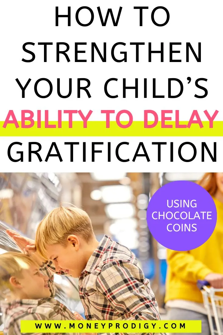 boy looking, smiling, in display case at grocery store, text overlay "how to strengthen your child's ability to delay gratification"