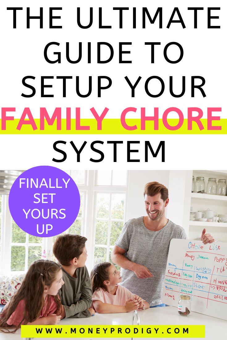 father giving chores out to three kids with chart, text overlay "the ultimate guide to setup your family chore system"