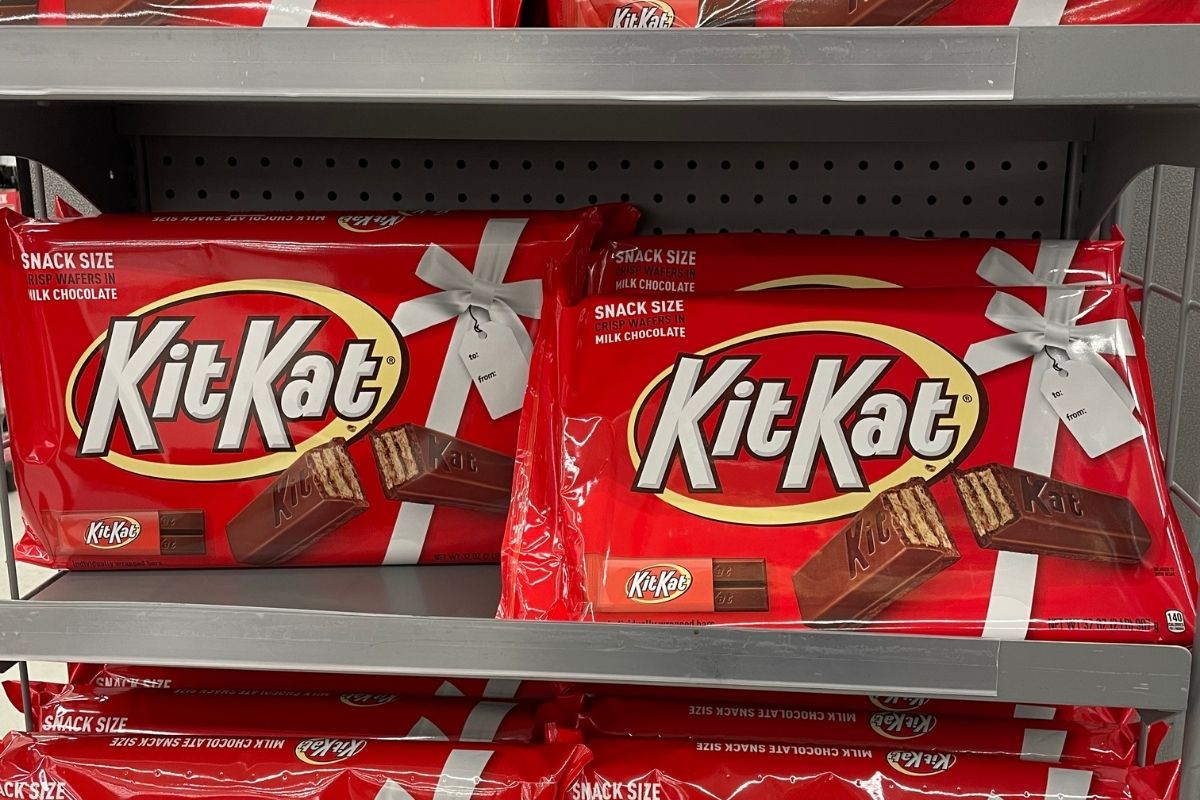 gigantic Kit Kat bars on grocery store shelf