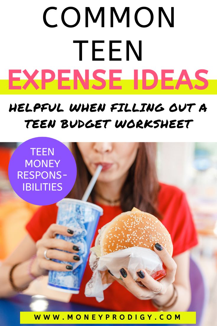 teen girl in red shirt eating fast food hamburger meal, text overlay "common teen expense ideas"