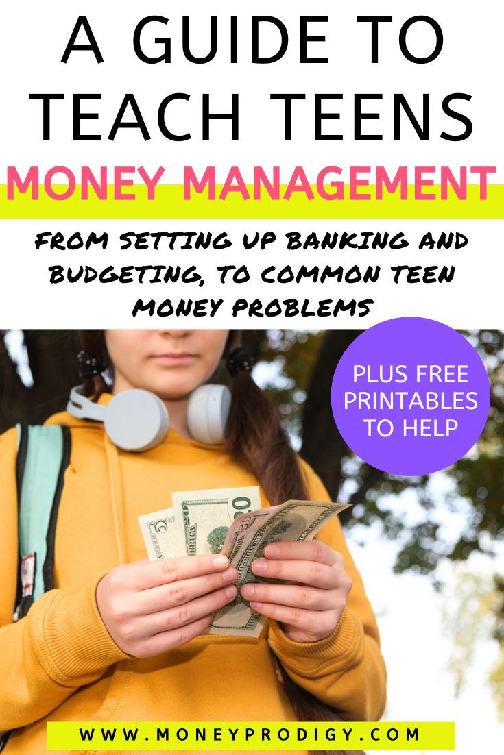 teen in yellow hoodie with headphones holding cash, text overlay "a guide to teach teens money management"