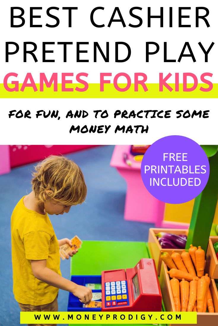boy playing with cash register toy, text overlay "best cashier pretend play games for kids"