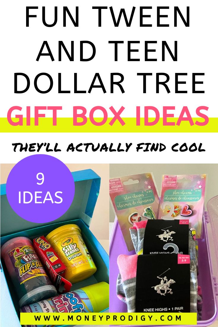 two bright filled boxes for tweens, text overlay "fun tween and teen dollar tree gift box ideas"