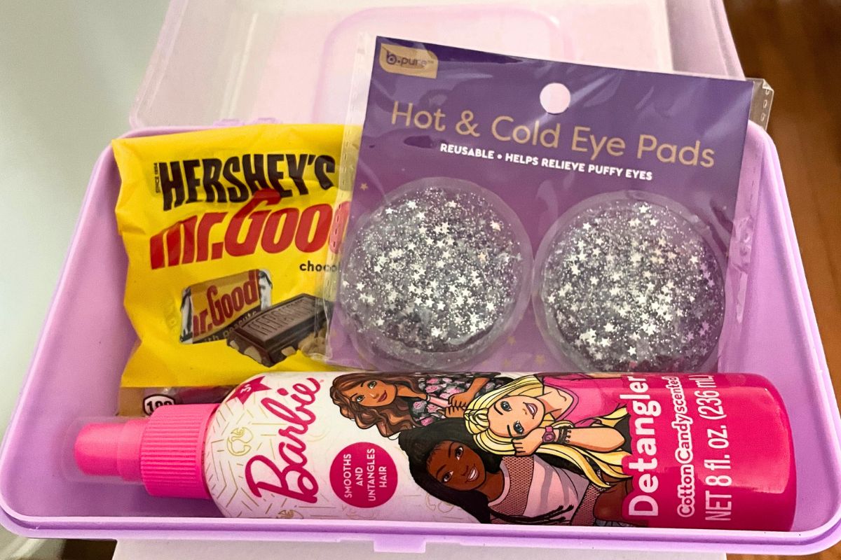 pink caboodle filled with sleepover goodies for each tween girl