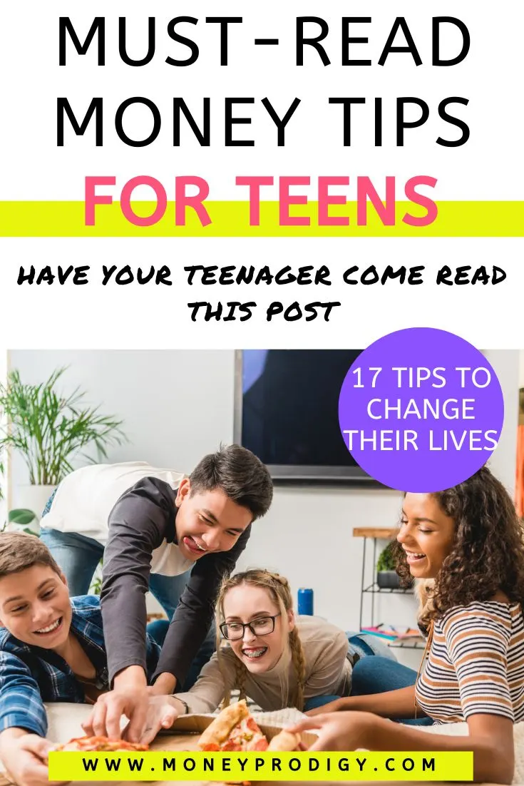 group of teen friends grabbing slices of pizza, text overlay "must-read money tips for teens"