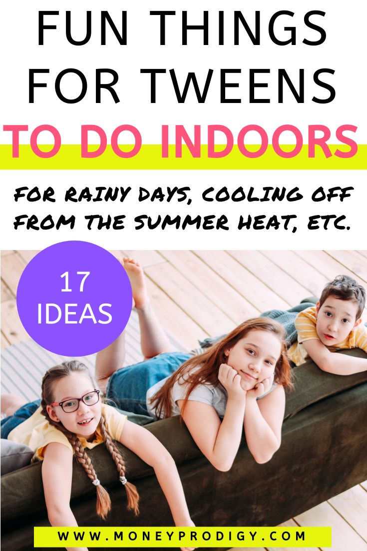 three tweens on couch looking up expectantly, text overlay "fun things for tweens to do indoors"