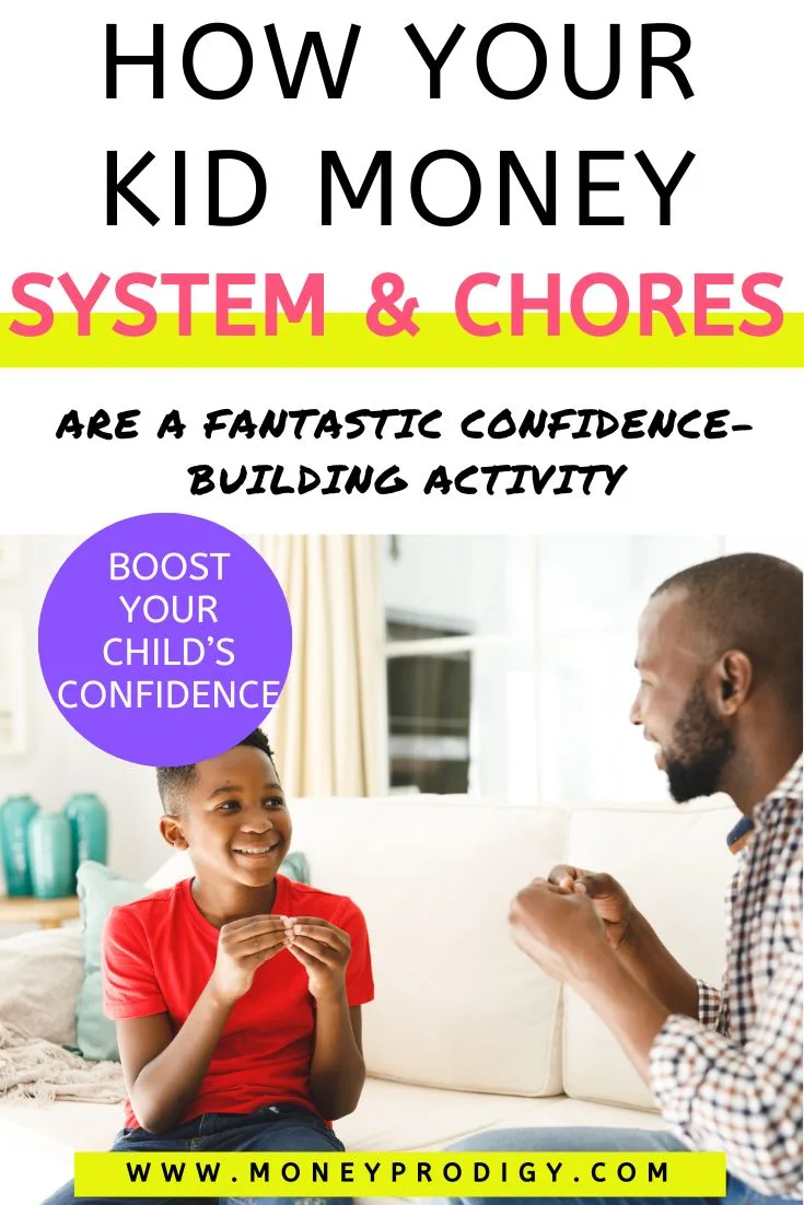 father using sign language with son on couch, text overlay "how your Kid Money System & chores are a fantastic confidence building activity"