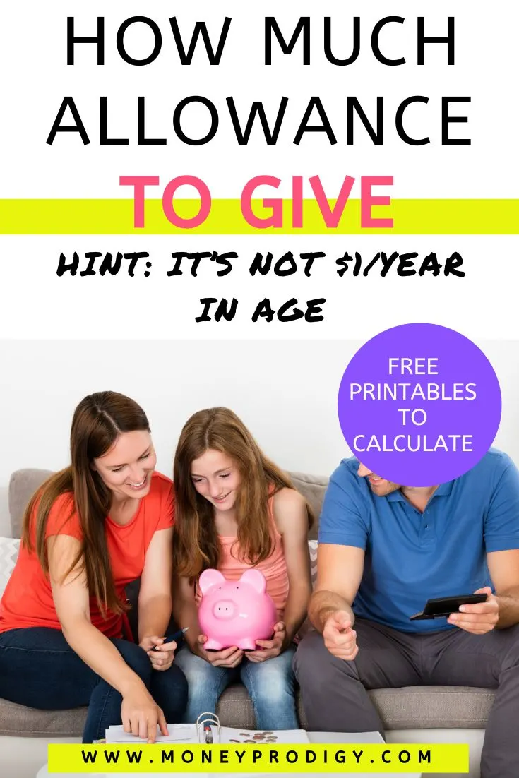 mom, dad, and daughter calculating how much allowance, text overlay "how much allowance to give"