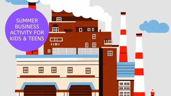 cartoon factory building, text overlay 
