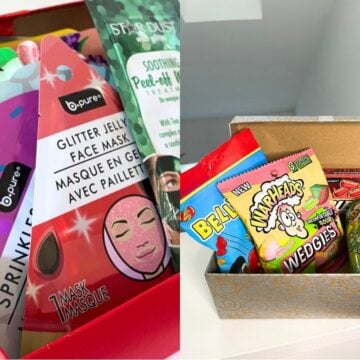 two bright tween boxes filled with Dollar Tree items