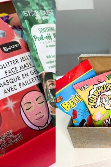 two bright tween boxes filled with Dollar Tree items