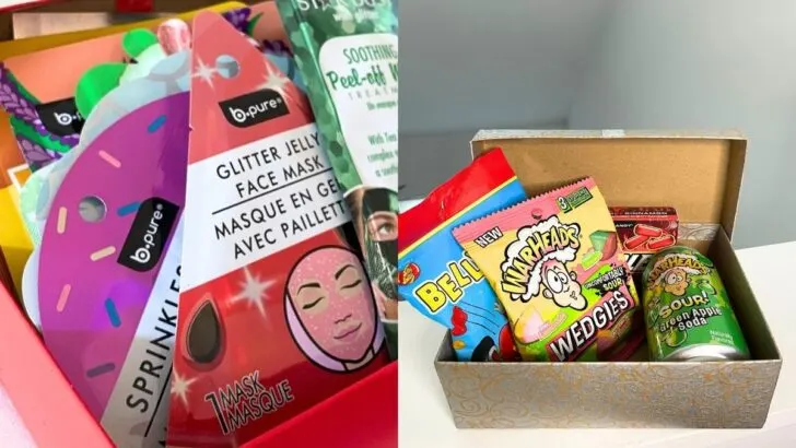 two bright tween boxes filled with Dollar Tree items