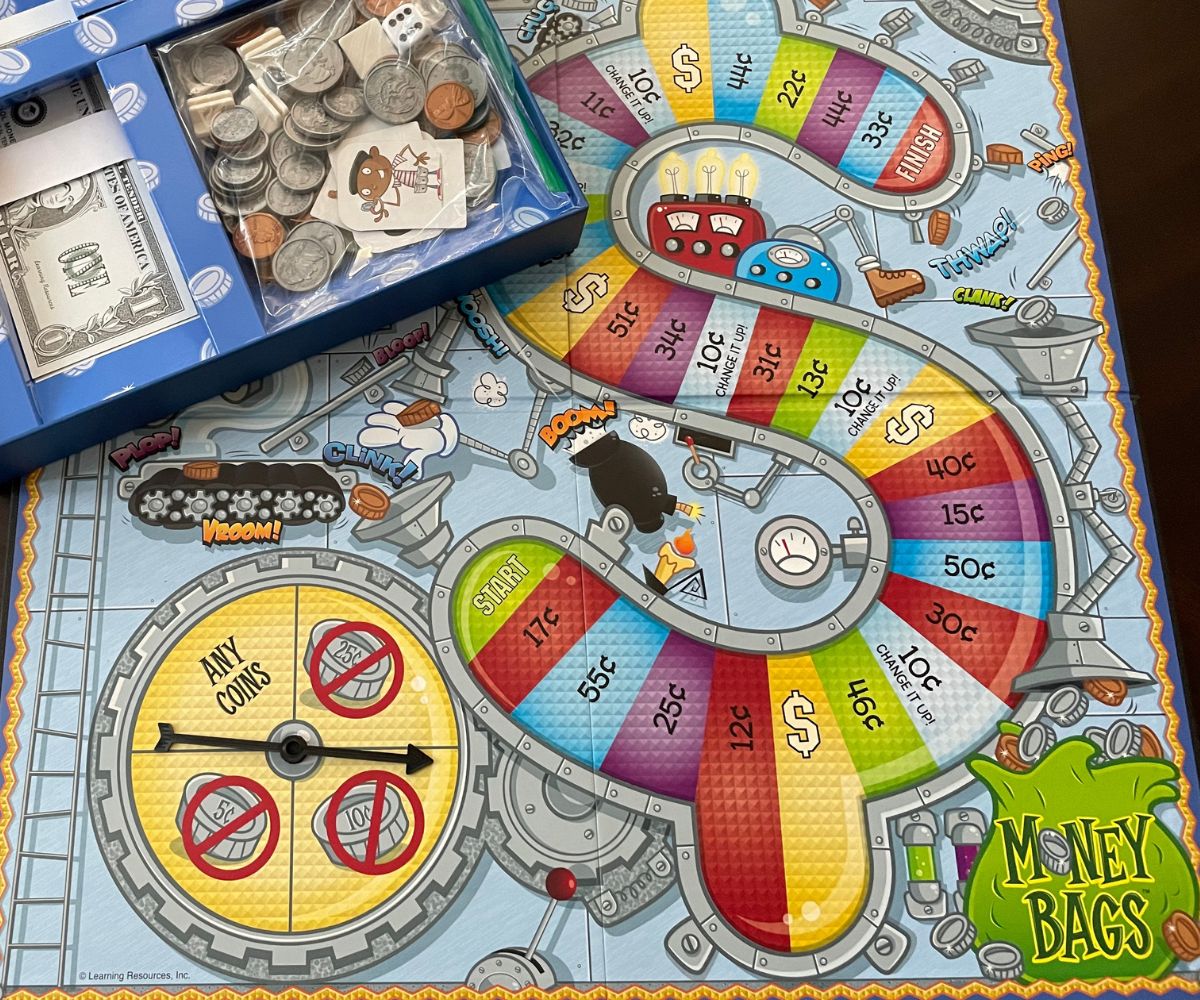 inside Money Bags game box showing colorful board