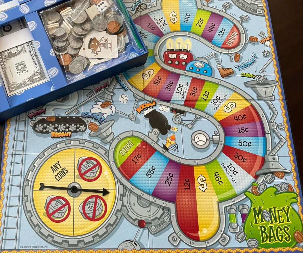 inside Money Bags game box showing colorful board