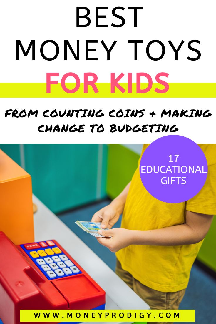 child playing with cash register, text overlay "best money toys for kids"