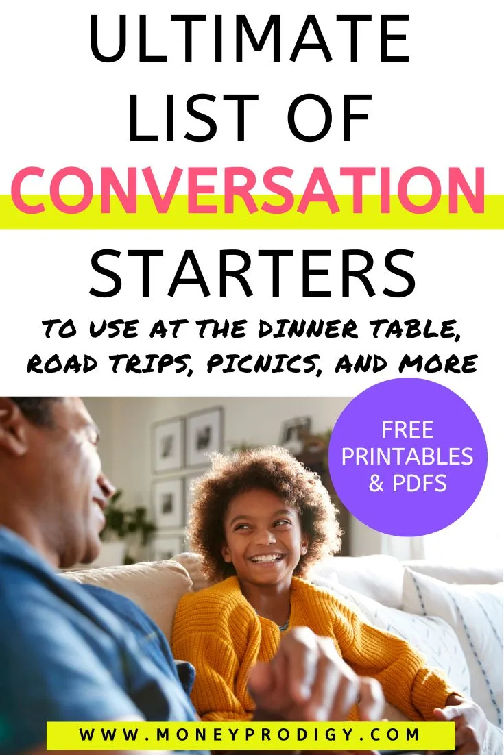 father and child smiling and laughing on couch, text overlay "ultimate list of conversation starters PDFs"