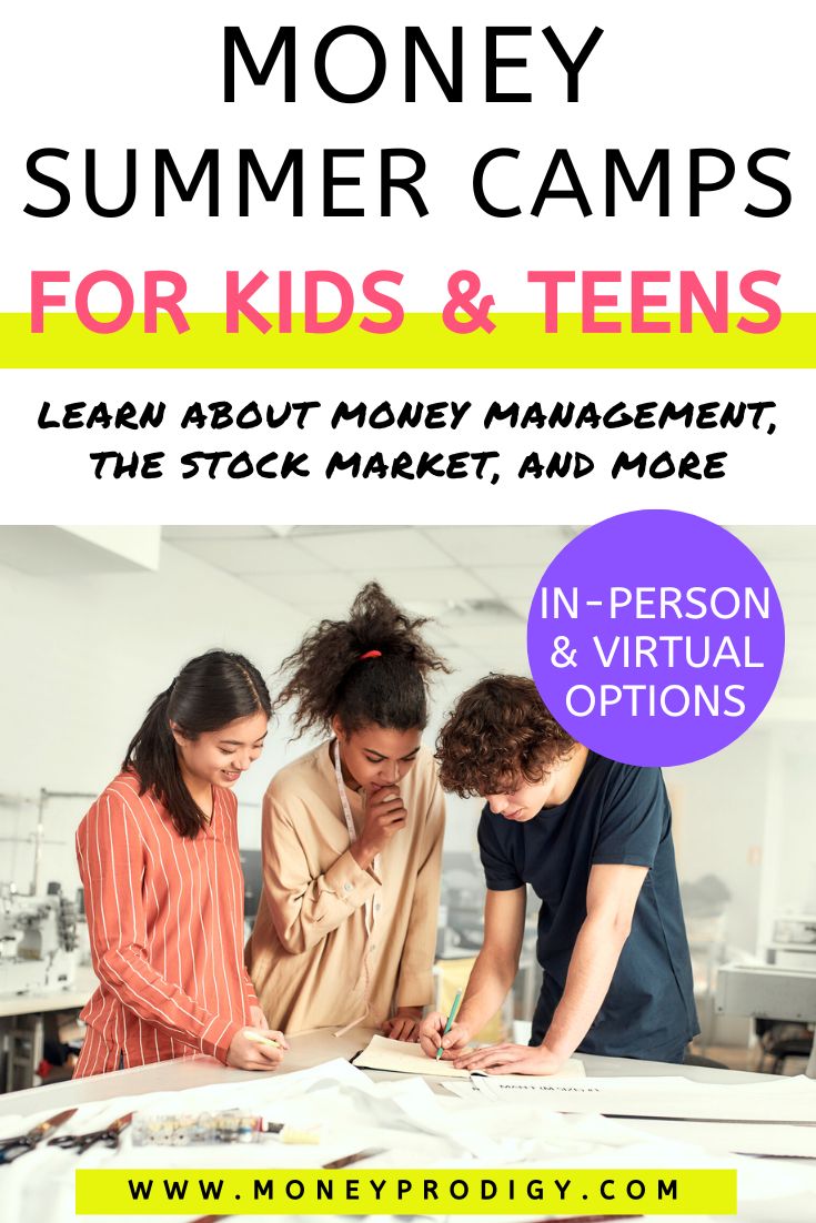 three teens working at a white table together, text overlay "money summer camps for kids and teens"