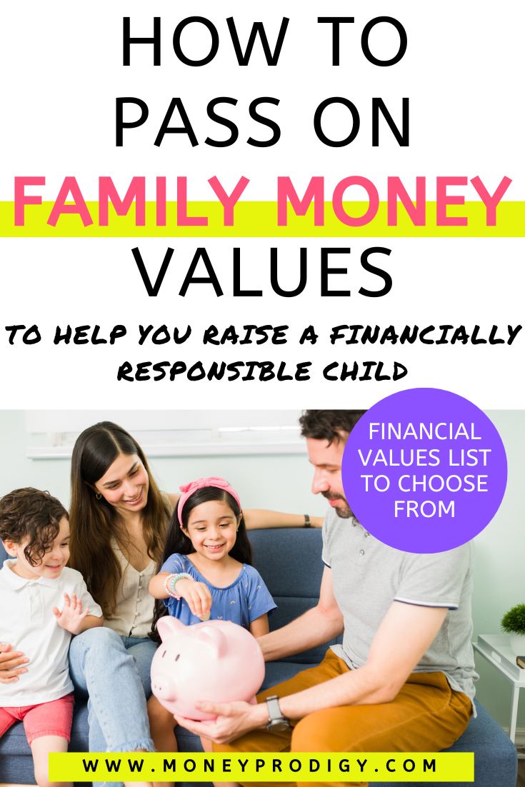 family sitting down, father holding piggy bank, text overlay "how to pass on family money values"