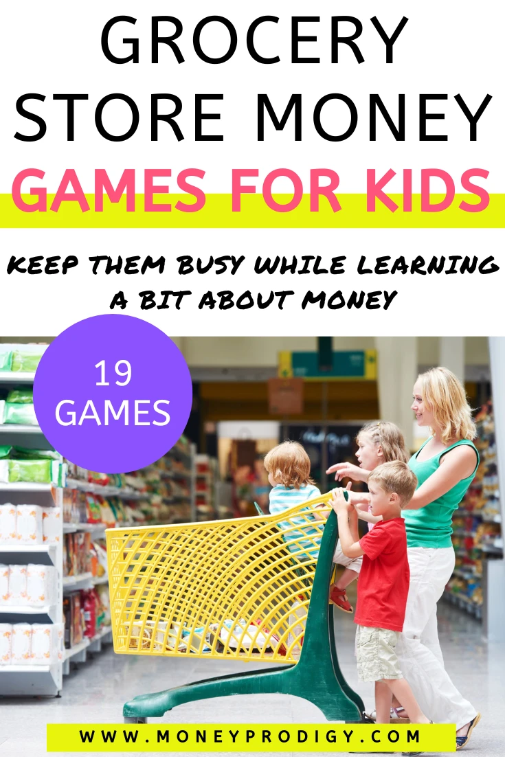 mom in Grocery store with three kids, text overlay "grocery store money games for kids"